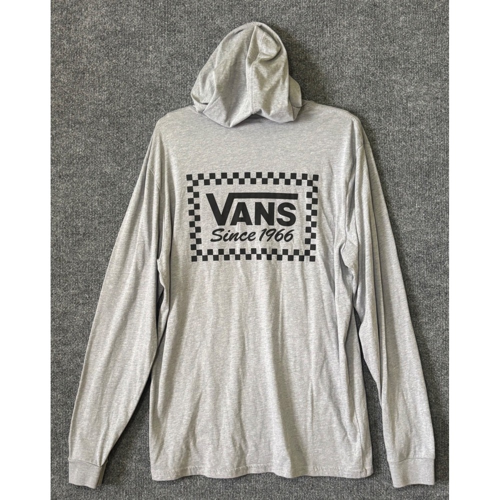 Vans Mens Long Sleeve Hooded T-Shirt Gray Checkerboard Logo Graphic Tee Large - Picture 4 of 7